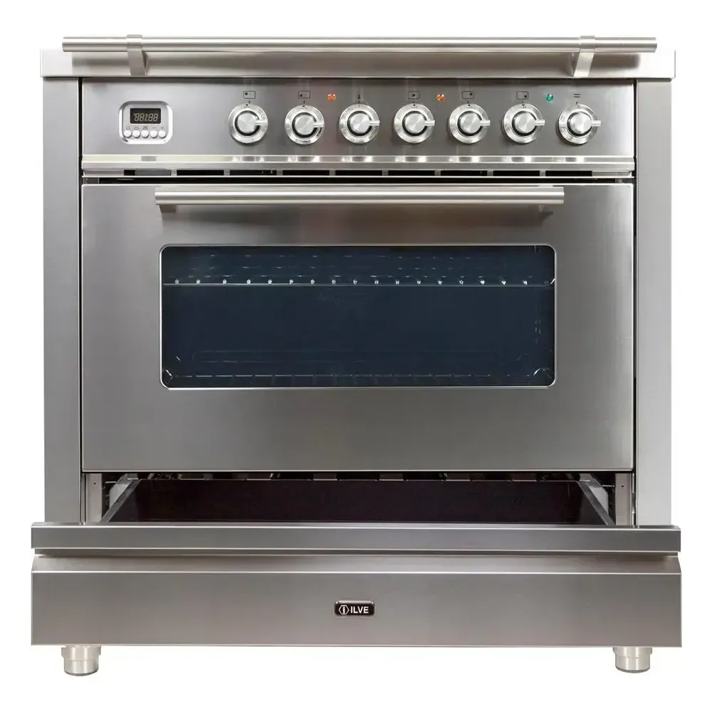 ILVE UPW90FDM Professional Plus I 36 inch Dual Fuel Range with 5 Sealed Burners, Griddle, Rotisserie