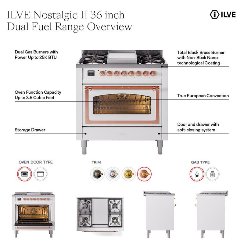 ILVE UP36FNM Nostalgie II 36 inch Dual Fuel Range with 6 Burners and Griddle