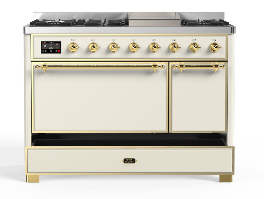ILVE UM12F Majestic II 48 inch Dual Fuel Range with 8 Black Brass Burners, Griddle