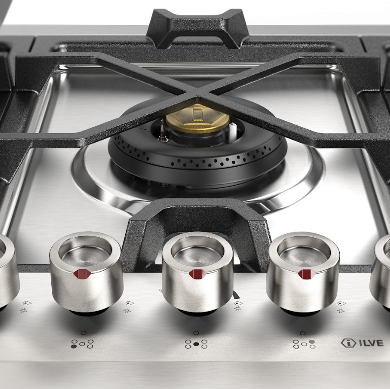 ILVE UHCPMT125SS front view close up on dual burner and knobs