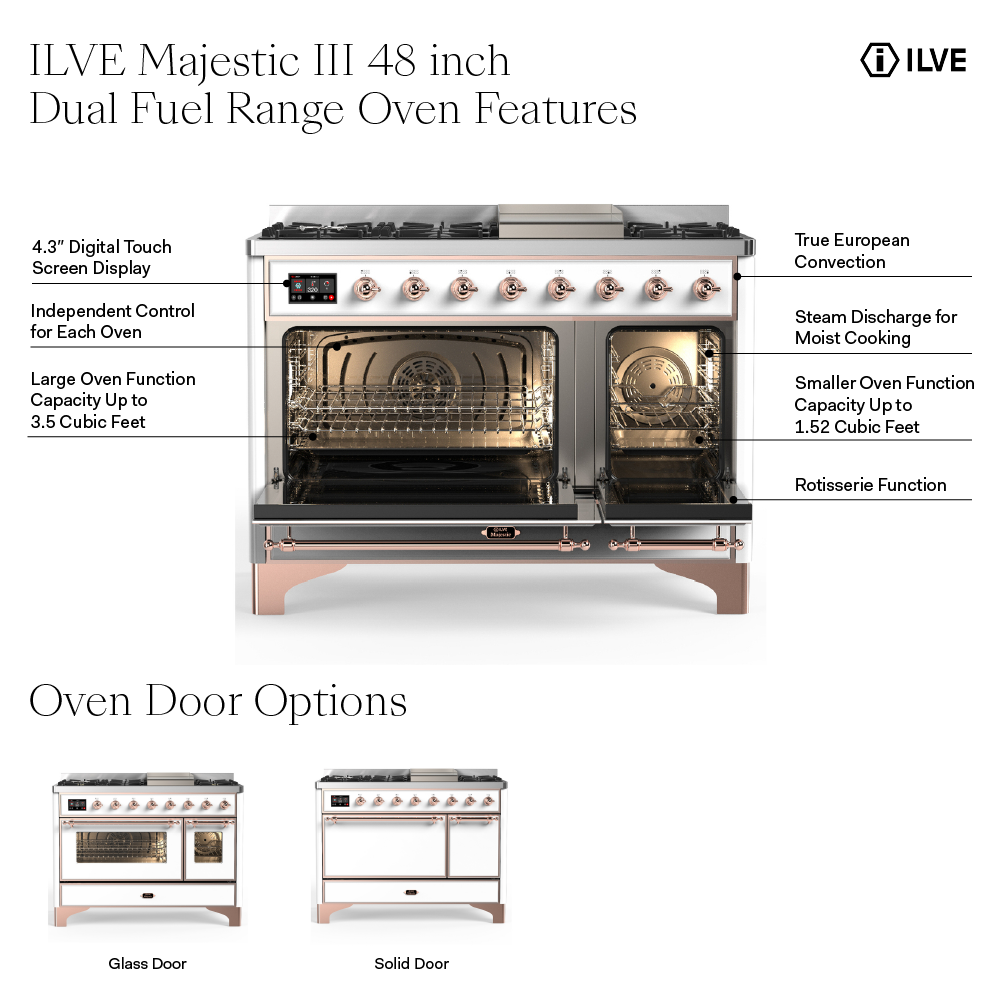 ILVE UM48F Majestic III 48 inch Dual Fuel Range with 8 Burners and Griddle, Dual Function Burner up to 25,000 BTU