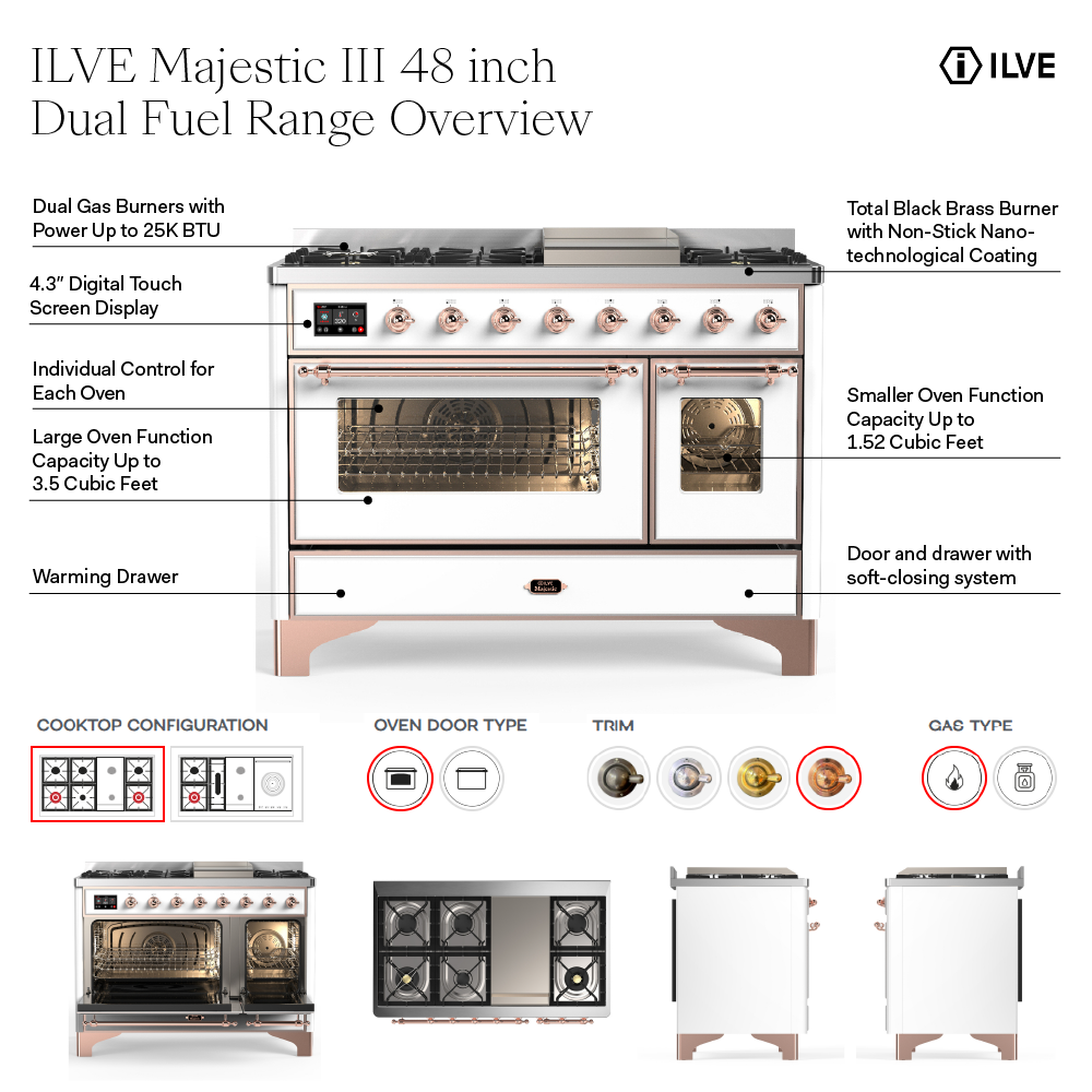ILVE UM48FS Majestic III 48 inch Dual Fuel Range with 5 Black Brass Burners, Griddle and French Top, Dual Function Burner up to 25,000 BTU