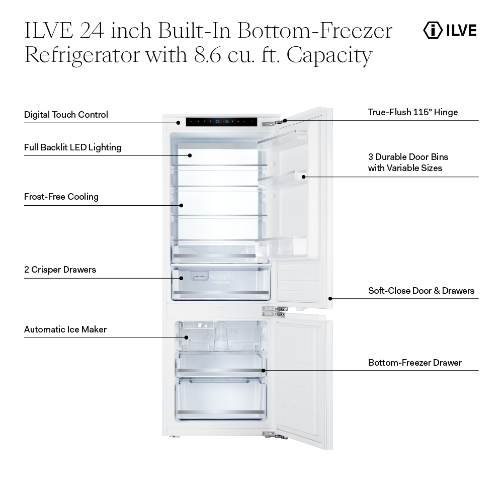 ILVE URBM22SIWPRY 24 inch Built-In Bottom Freezer Refrigerator with 8.6 cu. ft. Capacity, Automatic Ice Maker, in Panel Ready