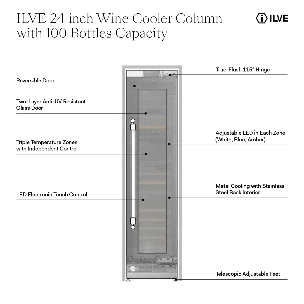 ILVE UWFC24BNNPRY 24 inch Built-In Triple Zone Wine Column with 100 Bottle Capacity, in Panel Ready
