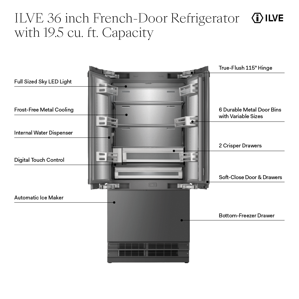 ILVE URFD36SIWPRY 36 inch Built-In French Door Refrigerator with 19.5 cu. ft. Capacity, Internal Water Dispenser, Ice Maker, Energy Star, Sabbath Mode 