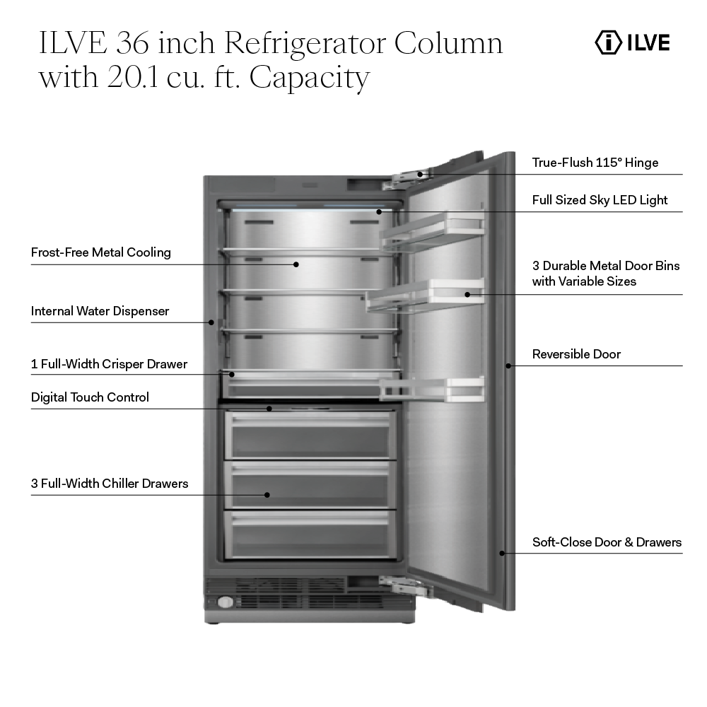 ILVE URFC36SNW 36 inch Refrigerator Column with 20.1 cu. ft. Capacity, Internal Water Dispenser, Reversible Door