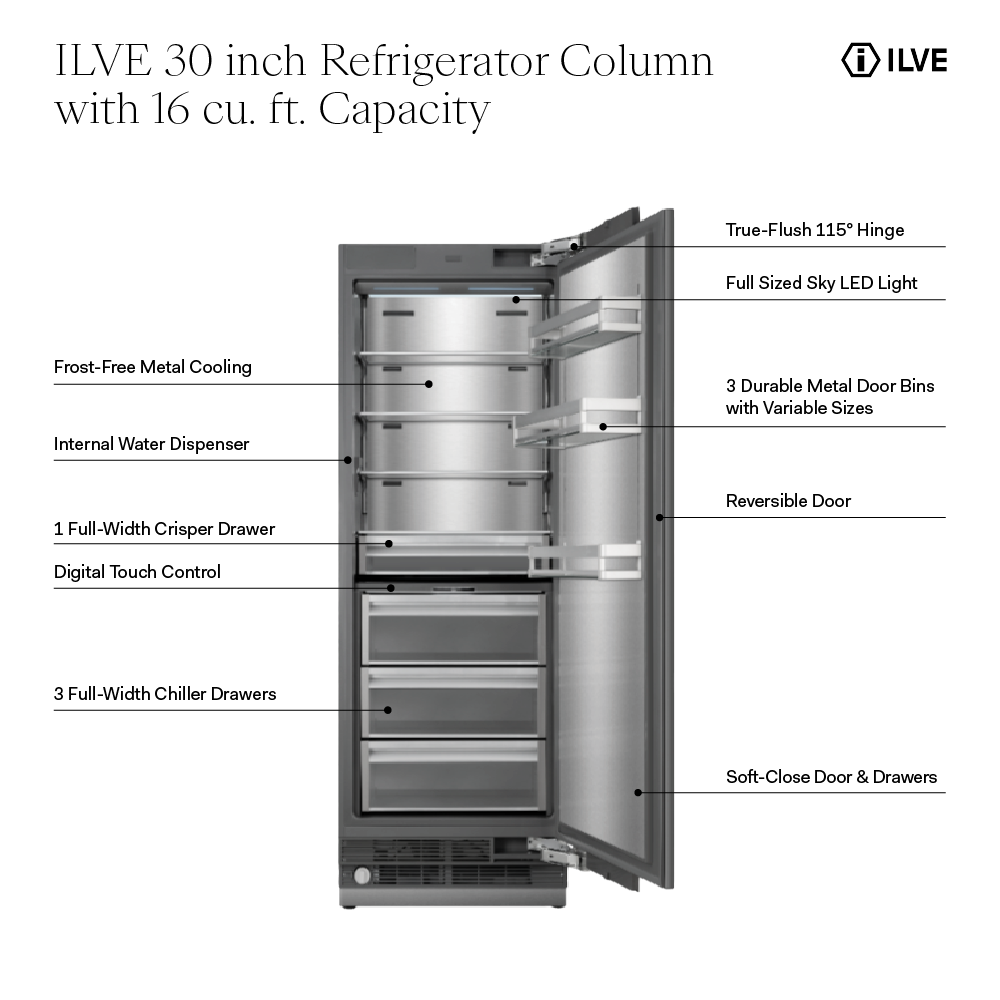 ILVE URFC30SNW 30 inch Refrigerator Column with 16 cu. ft. Capacity, Internal Water Dispenser, Reversible Door 