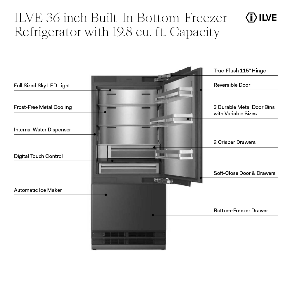 ILVE URBM36SIWPRY 36 inch Built-In Bottom Freezer Refrigerator with 19.8 cu. ft. Capacity, Reversible Door, Energy Star, Sabbath Mode 