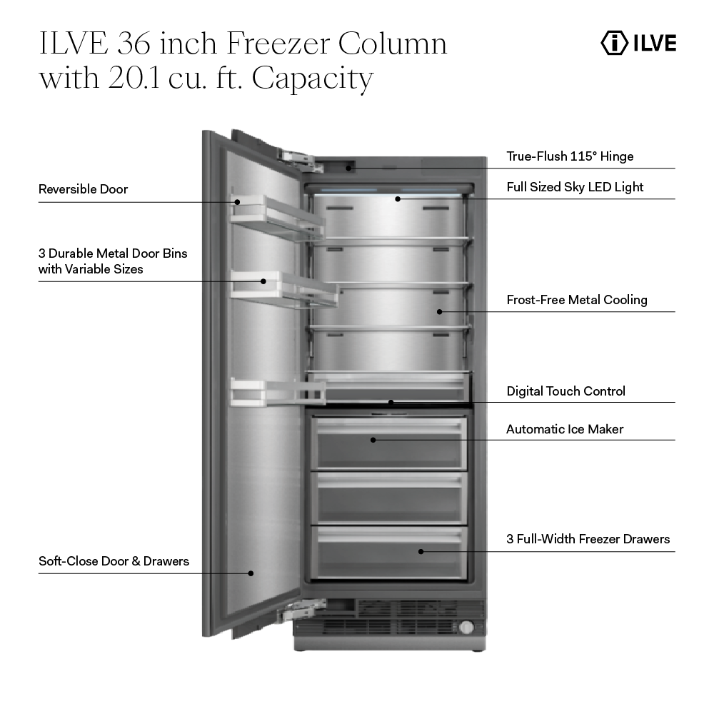 ILVE UFFC36SIN 36 inch Freezer Column with 20.1 cu. ft. Capacity, Automatic Ice Maker, up to 3.9 lb Daily Production, Full Size Ceiling LED Illumination Panel