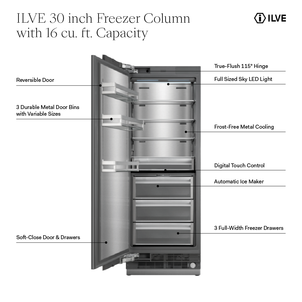 ILVE UFFC30SIN 30 inch Freezer Column with 16 cu. ft. Capacity, Automatic Ice Maker, up to 3.9 lb Daily Production, Full Size Ceiling LED Illumination Panel