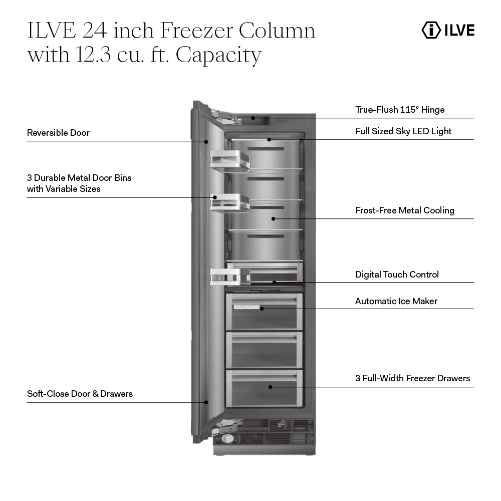 ILVE UFFC24SIN 24 inch Freezer Column with 12.3 cu. ft. Capacity, Automatic Ice Maker, up to 3.9 lb Daily Production, Full Size Ceiling LED Illumination Panel