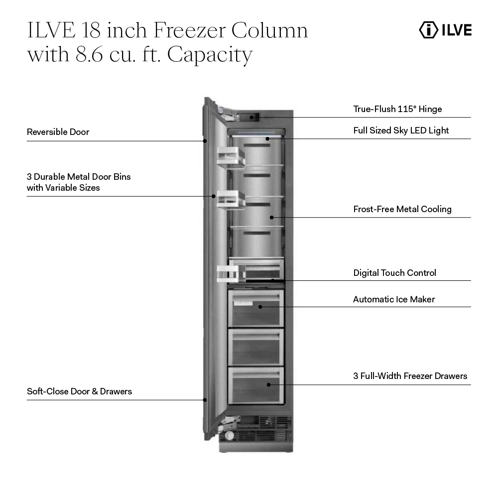 ILVE UFFC18SIN 18 inch Freezer Column with 8.6 cu. ft. Capacity, Automatic Ice Maker, up to 3.9 lb Daily Production, Full Size Ceiling LED Illumination Panel