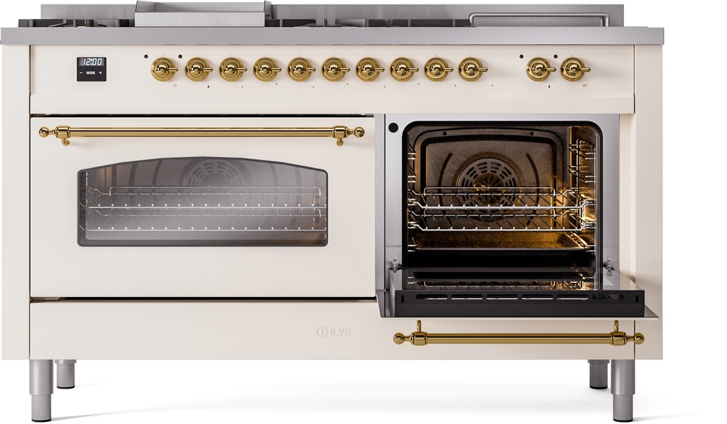 ILVE UP60FSNMPAWG Nostalgie II 60" Dual Fuel Range, side oven door opened