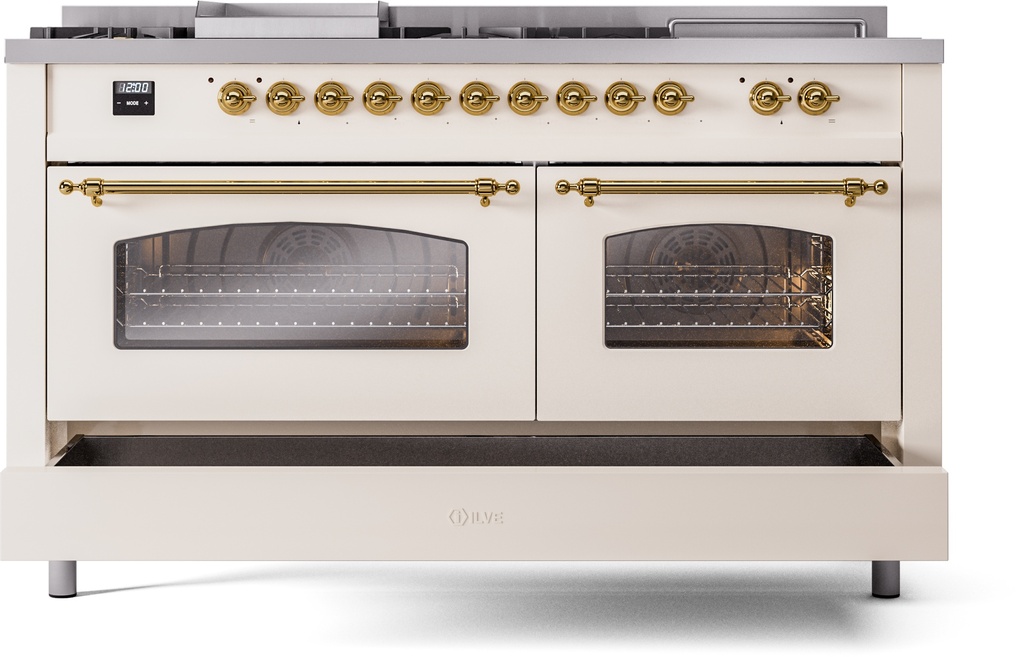 ILVE UP60FSNMPAWG Nostalgie II 60" Dual Fuel Range, drawer opened