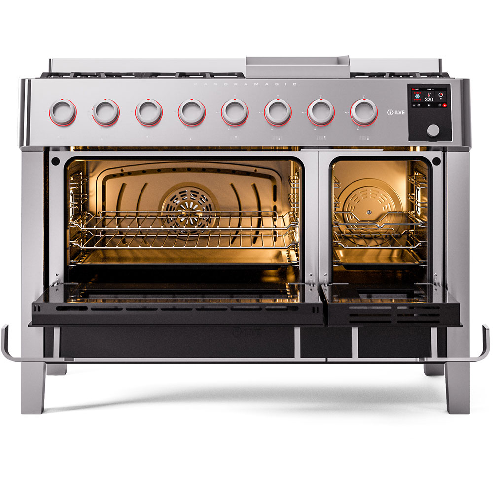 ILVE UPM12FDS3SS Panoramagic 48" Dual Fuel Range, oven doors opened