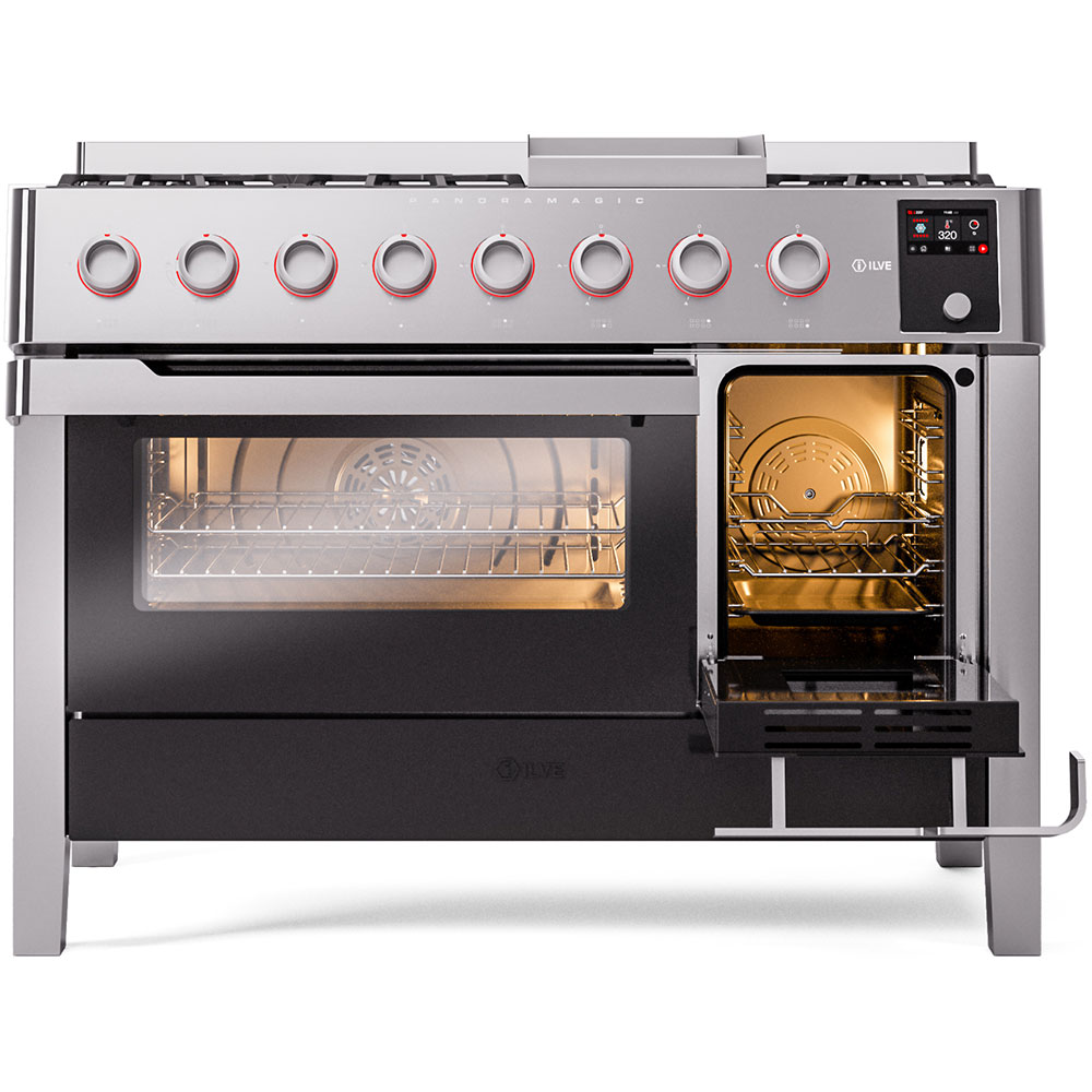 ILVE UPM12FDS3SS Panoramagic 48" Dual Fuel Range, side oven door opened