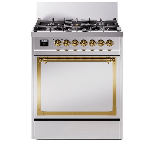 [UN30QNMPSSG] ILVE UN30NMP Nostalgie II Noblesse 30 inch Dual Fuel Range with 5 Burners (Natural Gas, Solid Door, Stainless Steel, Brass)