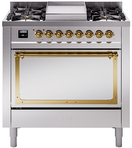 [UN36FQNMPSSG] ILVE UN36FNM Nostalgie II Noblesse 36 inch Dual Fuel Range with 6 Burners and Griddle (Natural Gas, Solid Door, Stainless Steel, Brass)