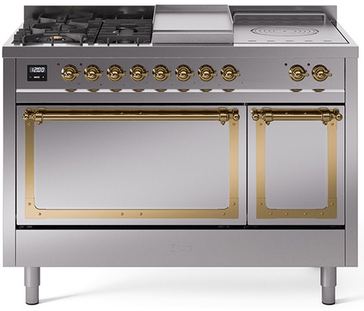 [UN48FSQNMPSSG] ILVE UN48F Nostalgie II Noblesse 48 inch Dual Fuel Range  (5 Sealed Burners + Griddle + French Top, Natural Gas, Solid Door, Stainless Steel, Brass)