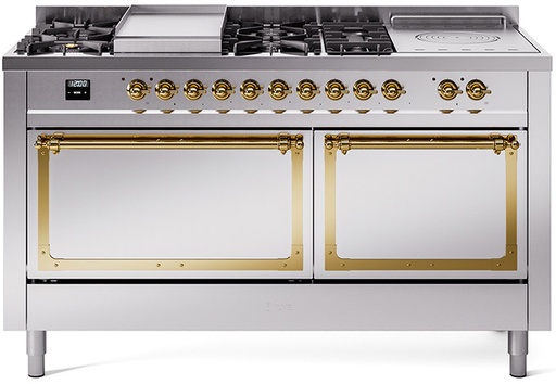 [UN60FSQNMPSSG] ILVE UN60F Nostalgie II Noblesse 60 inch Dual Fuel Range   (7 Sealed Burners + Griddle + French Top, Natural Gas, Solid Door, Stainless Steel, Brass)