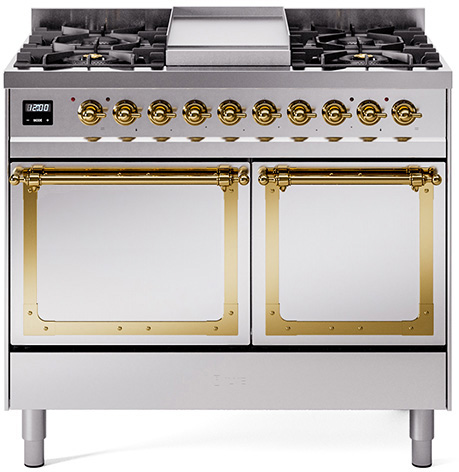 [UND40FQNMPSSG] ILVE UND40FNMP Nostalgie II Noblesse 40 inch Dual Fuel Range with 6 Burners (Natural Gas, Solid Door, Stainless Steel, Brass)