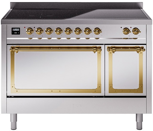 [UNI486QNMPSSG] ILVE UNI486NMP Nostalgie II Noblesse 48 inch Induction Range with 6 Elements, 5.02 cu. ft. Total Dual Oven Capacity (Solid Door, Stainless Steel, Brass)