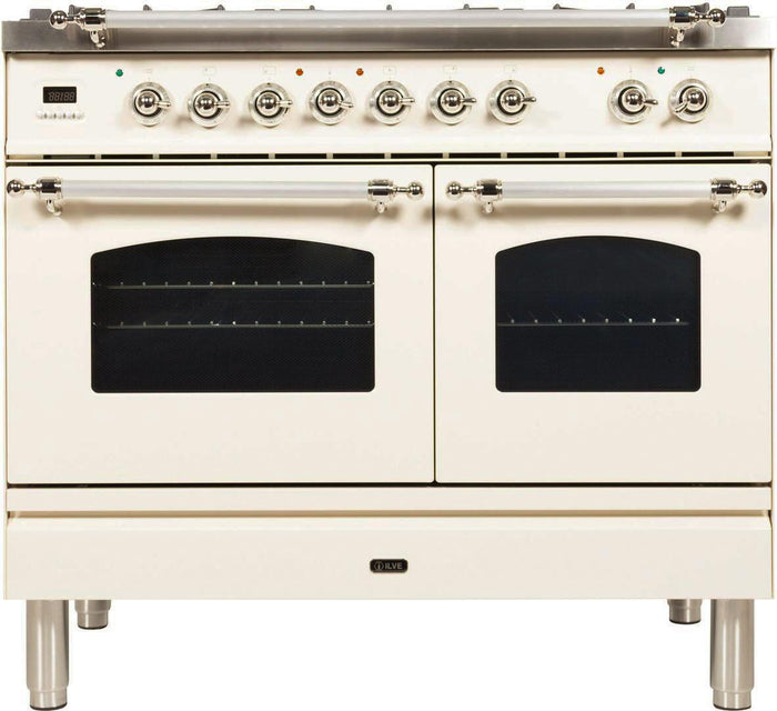 ILVE 40-Inch Nostalgie - Dual Fuel Range with 5 Sealed Brass Burners - 3.55 cu. ft. Oven - Griddle with Chrome Trim in Antique White