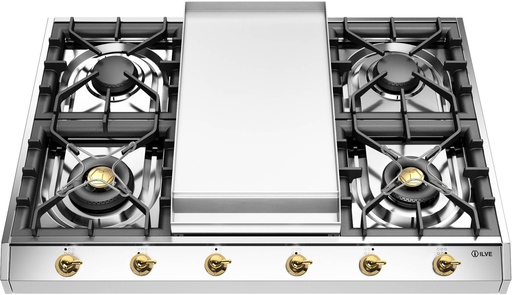 [UHCP965FNSSG] ILVE UHCP965FN Nostalgie II 36 inch Built-In Gas Cooktop with Griddle, in Stainless Steel (Natural Gas, Brass)