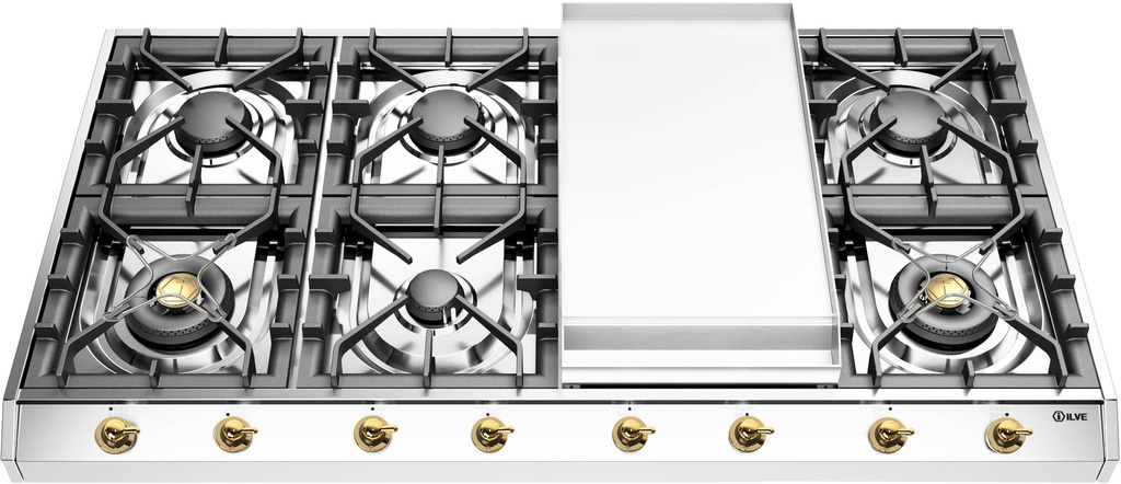 ILVE UHCP1265FN Nostalgie II 48 inch Gas Cooktop with 8 Burners, Griddle, in Stainless Steel 