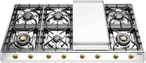 [UHCP1265FNSSG] ILVE UHCP1265FN Nostalgie II 48 inch Gas Cooktop with 8 Burners, Griddle, in Stainless Steel  (Natural Gas, Brass)