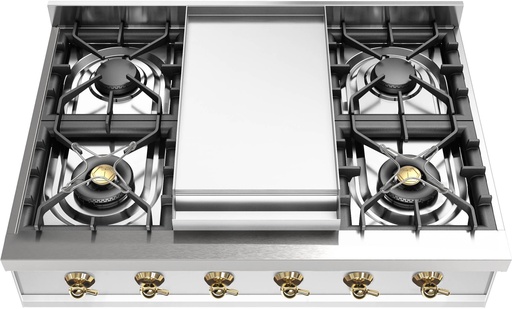 [UHCP36FNSSG] ILVE UHCP36FN Nostalgie II 36 inch Built-In Gas Rangetop with 6 Burners and Griddle, in Stainless Steel  (Natural Gas, Brass)