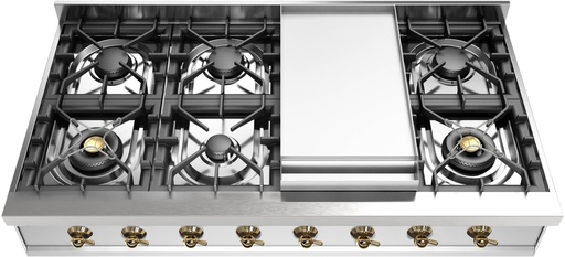 [UHCP48FNSSG] ILVE UHCP48FN Nostalgie II 48 inch Built-In Gas Rangetop with Griddle, in Stainless Steel (Natural Gas, Brass)