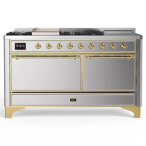 [UM60FSQNR3SSG] ILVE UM60FS Majestic III 60 inch Dual Fuel Range with 7 Burners, Griddle and French Top, Dual Function Burner with up to 25,000 BTU (Natural Gas, Solid Door, Stainless Steel, Brass)