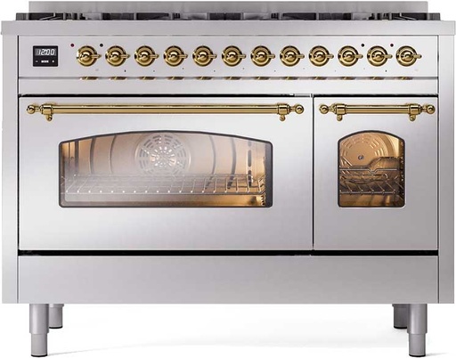 [UP488NMPSSG] ILVE UP488NMP Nostalgie II 48 inch Dual Fuel Range with 8 Black Brass Sealed Burners, Brass Trim (Limited Edition) (Natural Gas, Stainless Steel)