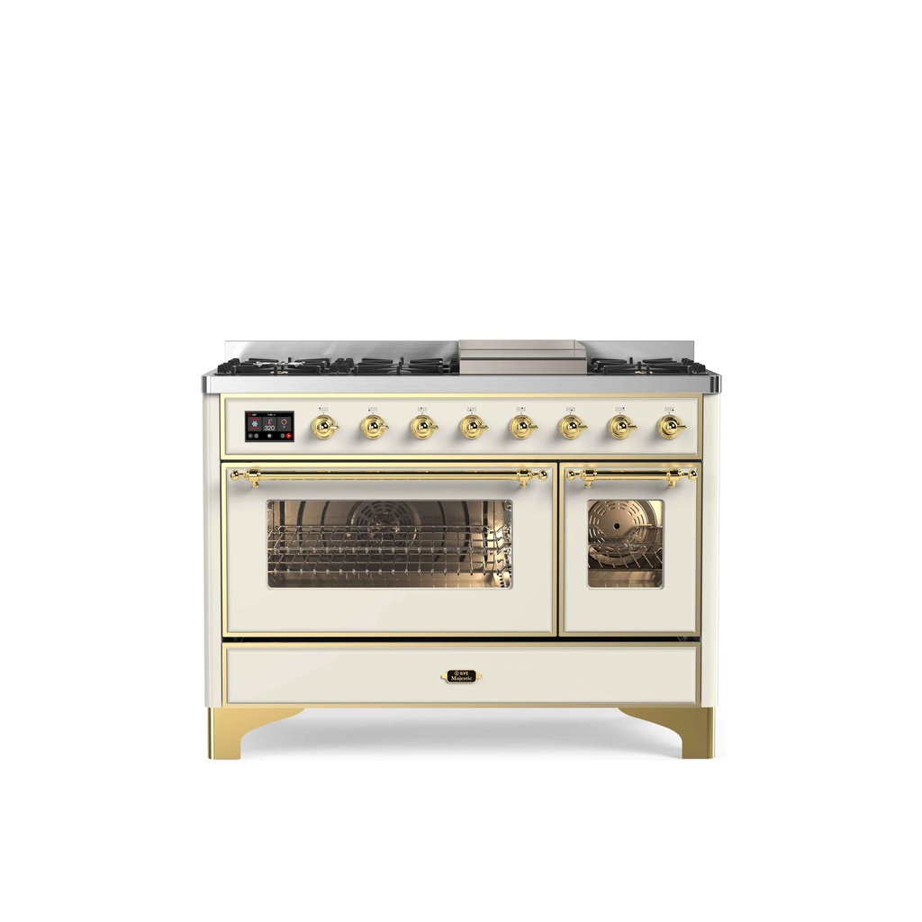 ILVE UM12F Majestic II 48 inch Dual Fuel Range with 8 Black Brass Burners, Griddle