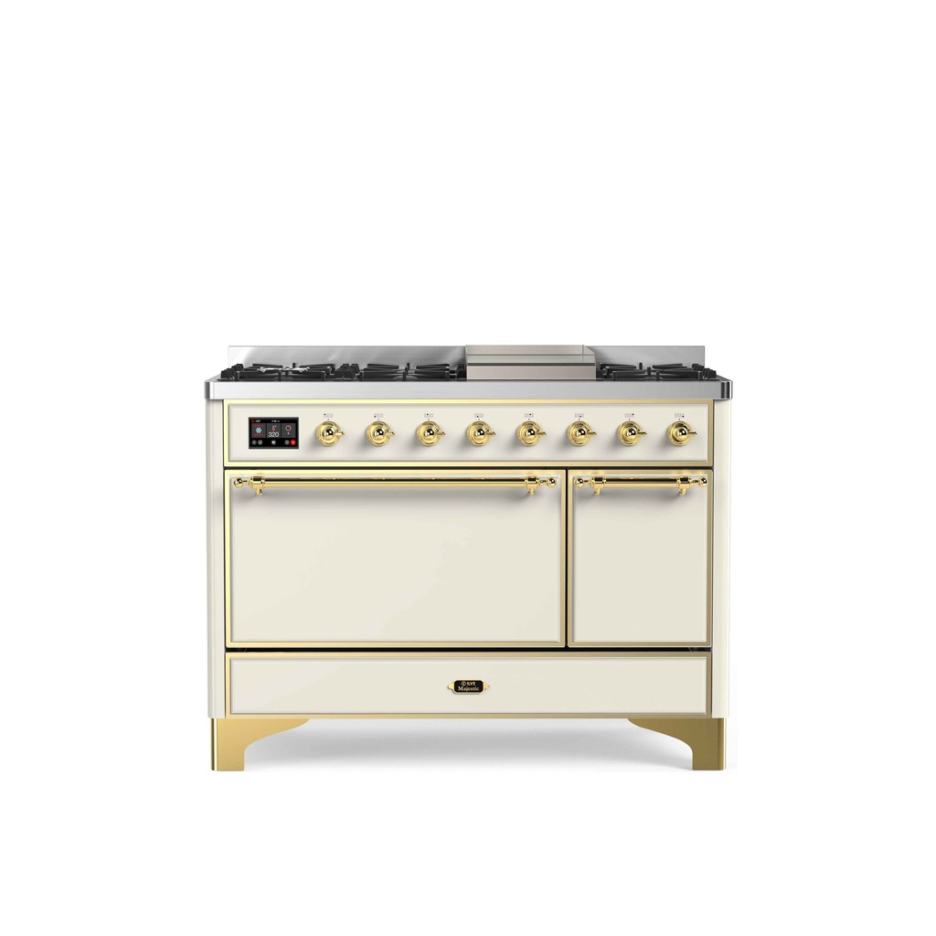 ILVE UM12F Majestic II 48 inch Dual Fuel Range with 8 Black Brass Burners, Griddle
