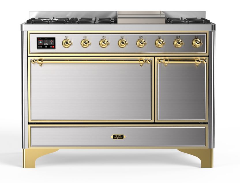 ILVE UM12F Majestic II 48 inch Dual Fuel Range with 8 Black Brass Burners, Griddle