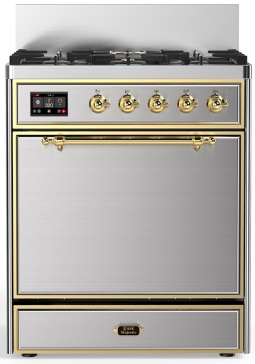 [UM30QNR3SSG] ILVE UM30N Majestic III 30 inch Dual Fuel Range with 5 Black Brass Burners, Dual Function Burner up to 25,000 BTU (Natural Gas, Solid Door, Stainless Steel, Brass)