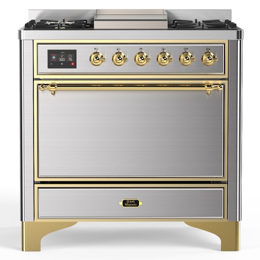 [UM36FQNR3SSG] ILVE UM36F Majestic III 36 inch Dual Fuel Range with 6 Black Brass Burners and Griddle, Dual Function Burner up to 25,000 BTU (Solid Door, Stainless Steel, Brass, Natural Gas)