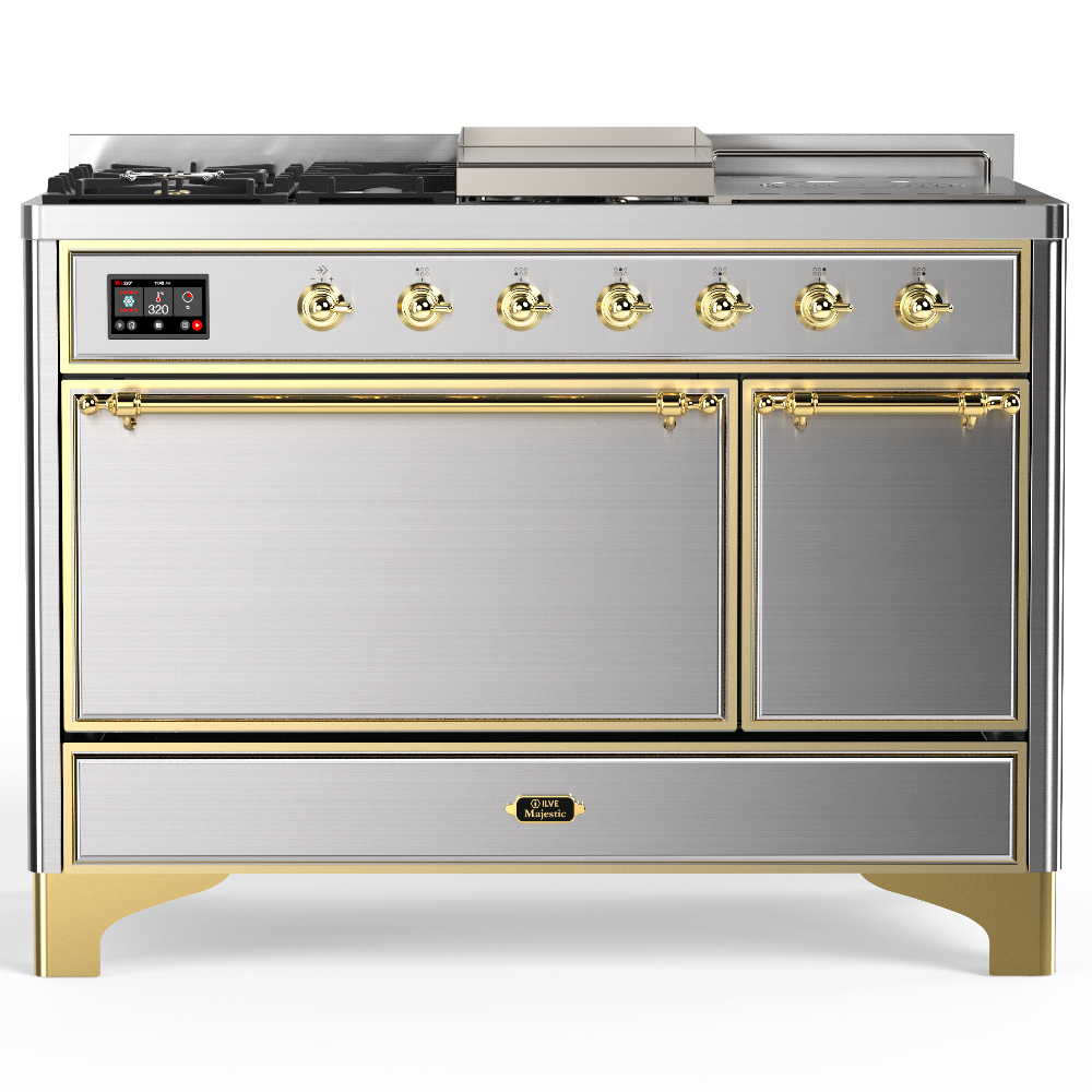 ILVE UM48FS Majestic III 48 inch Dual Fuel Range with 5 Black Brass Burners, Griddle and French Top, Dual Function Burner up to 25,000 BTU