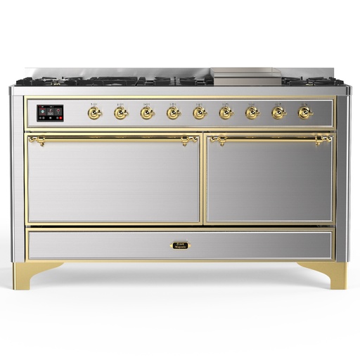 [UM60FQNR3SSG] ILVE UM60F Majestic III 60 inch Dual Fuel Range with 9 Burners and Griddle, Dual Function Burner up to 25,000 BTU (Natural Gas, Solid Door, Stainless Steel, Brass)