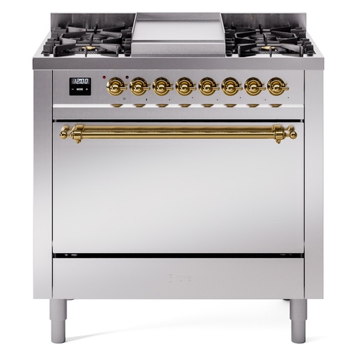 [UP36FQNMPSSG] ILVE UP36FNMAWG Nostalgie II 36 inch Dual Fuel Range with 6 Burners and Griddle (Natural Gas, Solid Door, Stainless Steel, Brass)