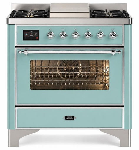 [UM36FNR3MMC] ILVE UM36FNR3MMC Majestic III 36 inch Dual Fuel Range with 6 Black Brass Burners and Griddle, Dual Function Burner up to 25,000 BTU (Triple Glass, Mediterranean Mint, Chrome) (Natural Gas)
