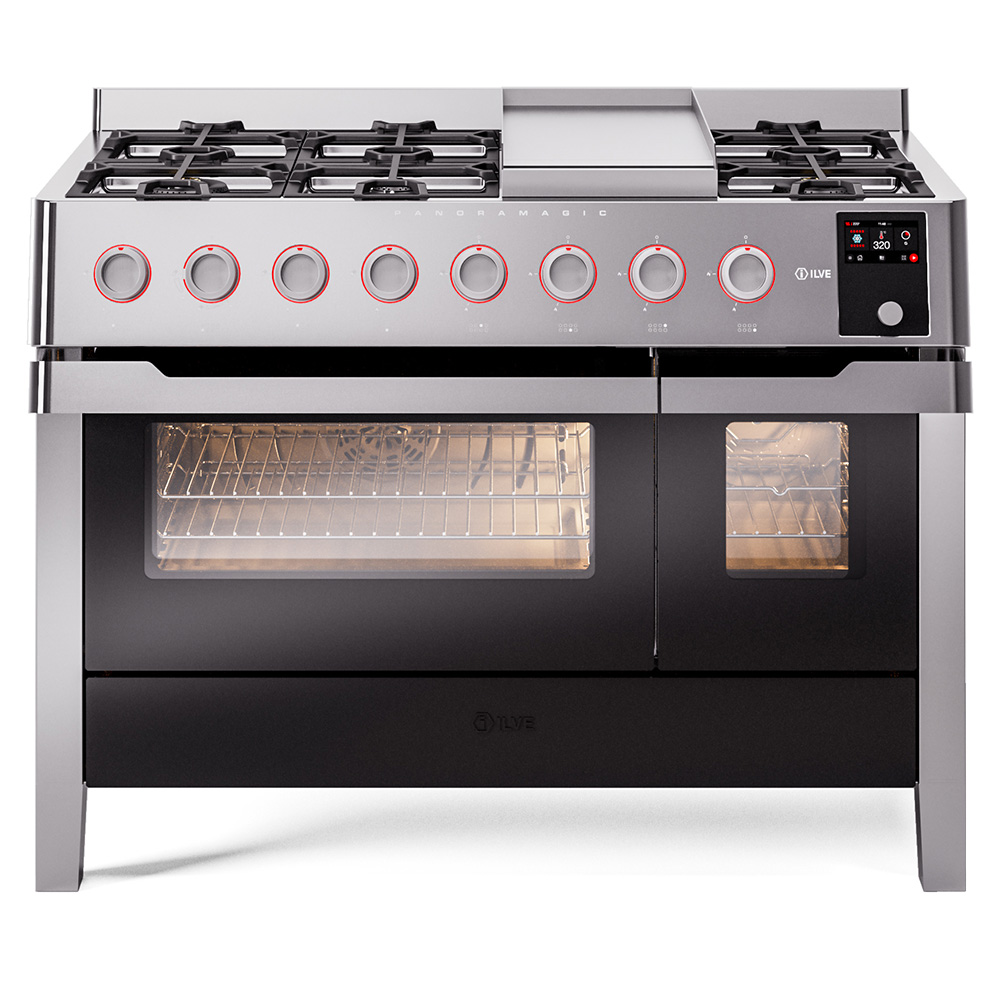 ILVE UPM12FDS3 Panoramagic 48 inch Dual Fuel Range with 8 Burners and Griddle, 5.02 cu. ft. Total Oven Capacity