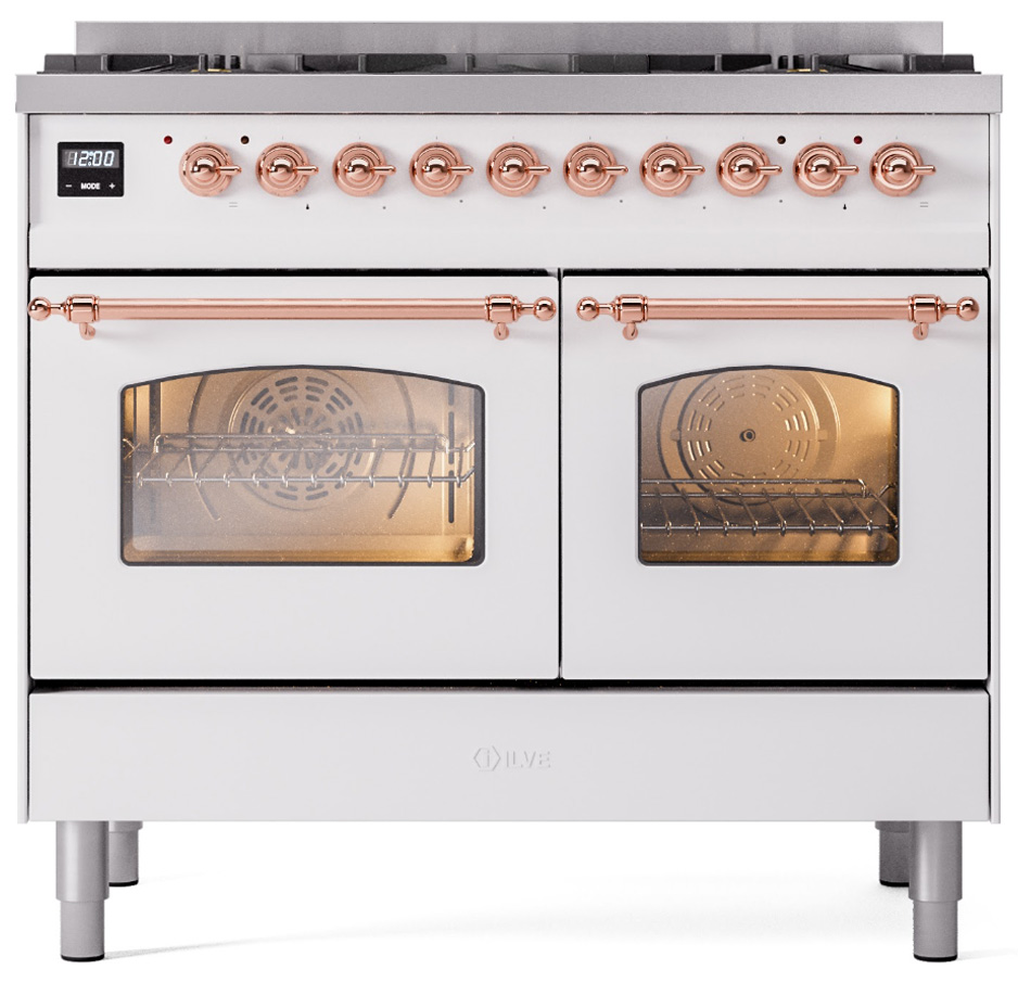 ILVE UPD406NMPWHPLP Nostalgie II 40 inch Dual Fuel Liquid Propane Range Copper Trim Bundle Including EN40P62211 Copper Knobs and Handles (Limited Edition)