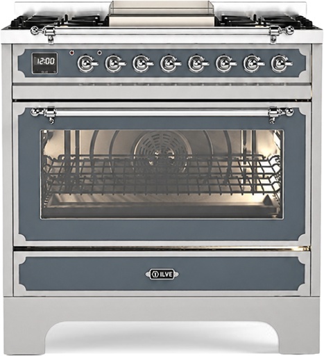 [UN361FWMPBGC] ILVE UN361FWMP Decor 36 Inch Dual Fuel Range with 6 Burners and Griddle, Dual Ring Burner up to 25,000 BTU, 4 cu. ft. Multi-Function Electric Oven (Blue Grey)
