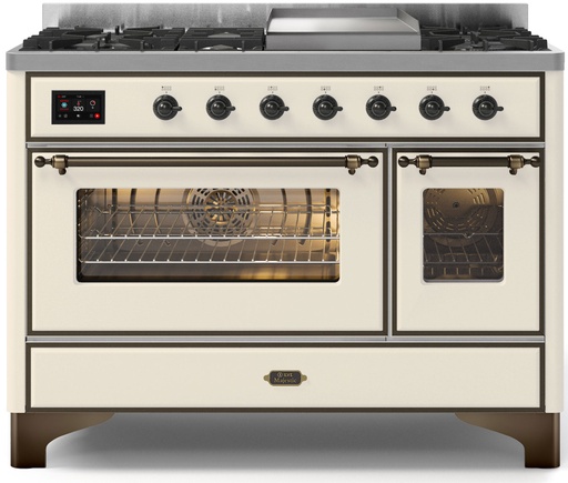 ILVE UM12F Majestic II 48 inch Dual Fuel Range with 8 Black Brass Burners, Griddle